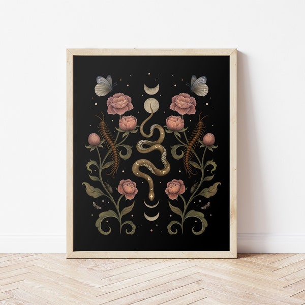 Giclée Print Poster, Serpentine Garden Art Print, Floral Illustration Boho Wall Decor Phases de lune céleste Serpent magique Wicca