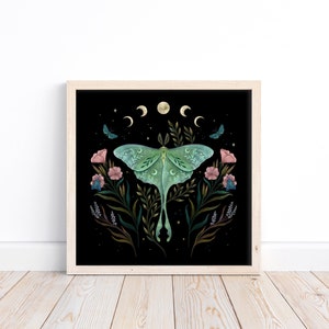 Pôster de impressão giclée, impressão artística de Luna e Forester, ilustração original Boho decoração de parede feita à mão Fases da lua celestial Mariposa mágica Wicca