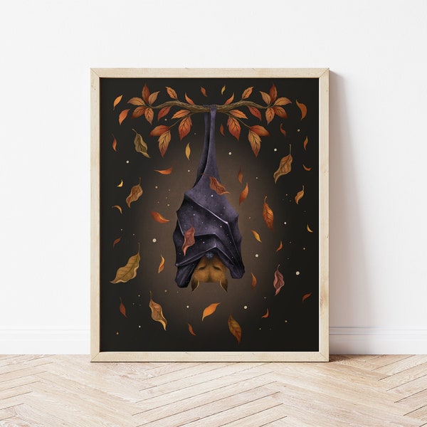 Giclée Print Poster, Autumn Bat Art Print Original Illustration Boho Wall Decor Handmade, Nocturnal Animal, Fall Leaves, Autumn Vibe, Wicca