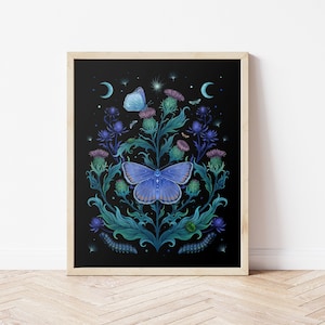 Giclée Print Poster Thistle Home Art Print Original Illustration Floral Magical Wall Decor Night Butterfly Celestial Moon Wicca