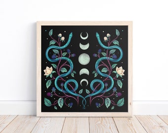 Giclée Print Poster Serpent Moon Art Print Original Illustration Boho Magical Wall Decor Moon Snake Celestial Moon Phases Wicca