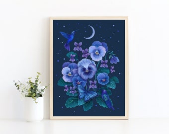 Giclée Print Poster February Flower Art Print Original Illustration Violet Flower Magical Wall Decor, Humming Bird, Floral Moon,  Wicca