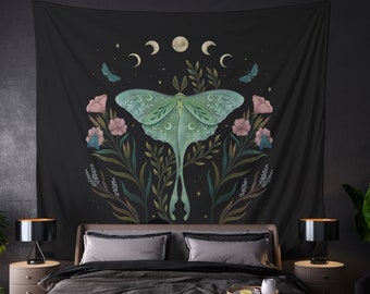 Luna and Forester Indoor Wall Tapestries, Boho Wall Hanging, Moon Phases Tapestry, Luna Moth Wiccan Home Decor, Dorm Room Decor