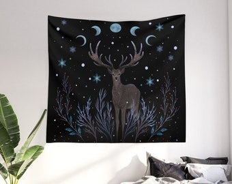 Deer in Winter Night Forest Wall Tapestries, Boho Wall Hanging, Forest Deer, Luna Phase Tapestry Wiccan Wall Decor Magical Dorm Room Decor