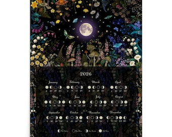 2026 Lunar Calendar Poster, Night Garden Art Print, Witchy Aesthetic Decor, Magical Cottage Core Moon Art, Moon Phases, Wicca