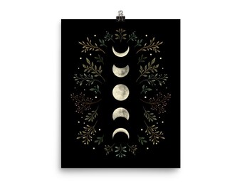 Giclée Print Poster, Moonlight Garden Art Print, Original Illustration Boho Wall Decor Handmade Celestial Moon Phases Magical Wicca