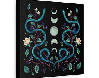 Moon Phases Botanical Snakes Matte Canvas, magical night forest spirit, spooky witchy halloween,