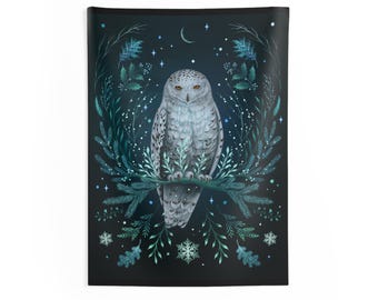 Indoor Wall Tapestry | Mystic Snowy Owl Art, Moonlit Winter Botanical Scene, Magical Night, Winter Holiday, Peaceful, Wicca, Spiritual