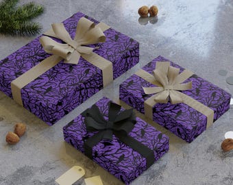 Purple Black Vine Pattern Wrapping Paper Roll | Floral Halloween Gift Wrap