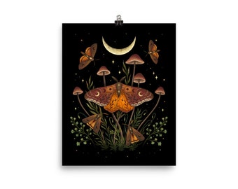 Giclée Print Poster, Autumn Light Underwings Art Prints, Original Illustration Boho Wall Decor Celestial Moon Phases Magical Moth Wicca