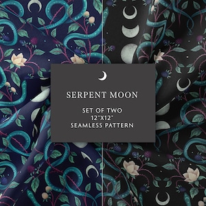 Set of Two Seamless Pattern, Serpent Moon Digital Paper, Magical Wicca, Surface Design, Moon Snake Pattern, Gift Wrapping, Digital Download