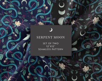 Set of Two Seamless Pattern, Serpent Moon Digital Paper, Magical Wicca, Surface Design, Moon Snake Pattern, Gift Wrapping, Digital Download