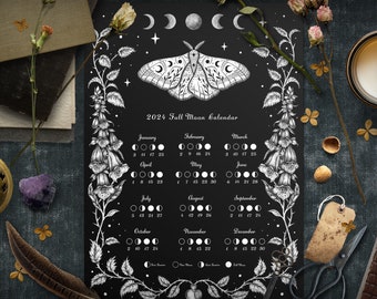 Calendario de luna llena 2024 - Witchy Garden Art Print Ilustración original Decoración de pared mágica Polilla nocturna Fases lunares celestiales Wicca