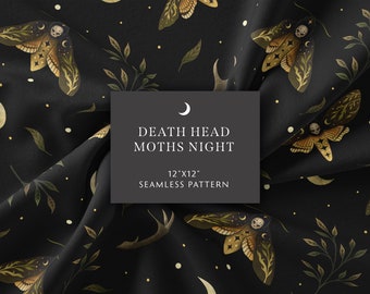 Seamless Pattern, Death Head Moths Night Digital Paper Moth Paper, BOHO Surface Design, Magical Wicca Scrapbook Paper, Digital Download