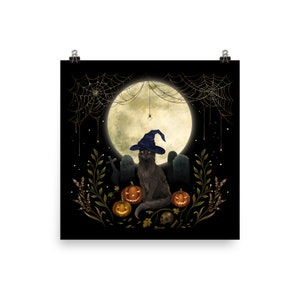 Giclée Print Poster, Halloween Cat Art Print, Original Illustration Boho Wall Decor Handmade Celestial Moon Phases Autumn Magical Wicca