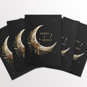 Pacote de cartões comemorativos alegres e brilhantes com 5, cartões de Natal de bruxa, tamanhos 4 "x 6", cartão mágico, iluminado pela lua, cartão de felicitações de inverno, Wicca
