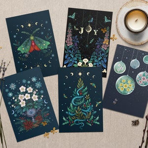 Witchy Christmas Greeting Card Pack of 5, Assorted Cards, 4"x6" Sizes,  Magical Card, Luna Christmas, Wiccan Christmas, Winter Solstice