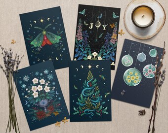 Witchy Christmas Greeting Card Pack of 5, Assorted Cards, 4"x6" Sizes,  Magical Card, Luna Christmas, Wiccan Christmas, Winter Solstice