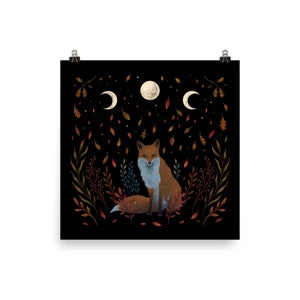 Giclée Print Poster, Autumn Fox Art Print Original Illustration Boho Wall Decor Handmade Celestial Moon Phases Magical Forest Animal Wicca