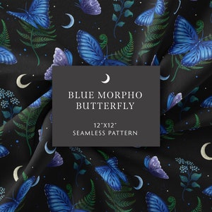 Patrón sin costuras, papel digital con diseño de mariposa morfo azul, patrón nocturno, diseño de superficie mágica, papel para álbum de recortes Wicca con insectos, descarga digital