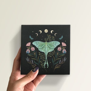 Mini impressão em tela, impressão artística pequena de Luna e Forester, envoltório de galeria de 6 x 6 polegadas, mariposa noturna, lua celestial, Wicca