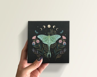 Mini Canvas Print, Luna and Forester Small Art Print, 6 x 6 inches Gallery Wrap, Nocturnal Moth, Celestial Moon, Wicca