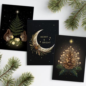 Lot de 3, carte de voeux de Noël douillette, nature hivernale, fougère, pomme de pin, carte de voeux magique, cartes de voeux fantaisistes, cartes d'art