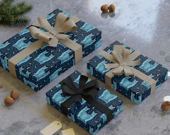 Magical Blue symmetrical two Cats Pattern Gift Wrapping Paper Roll | Navy Teal Cat Faces, halloween and Holiday gift