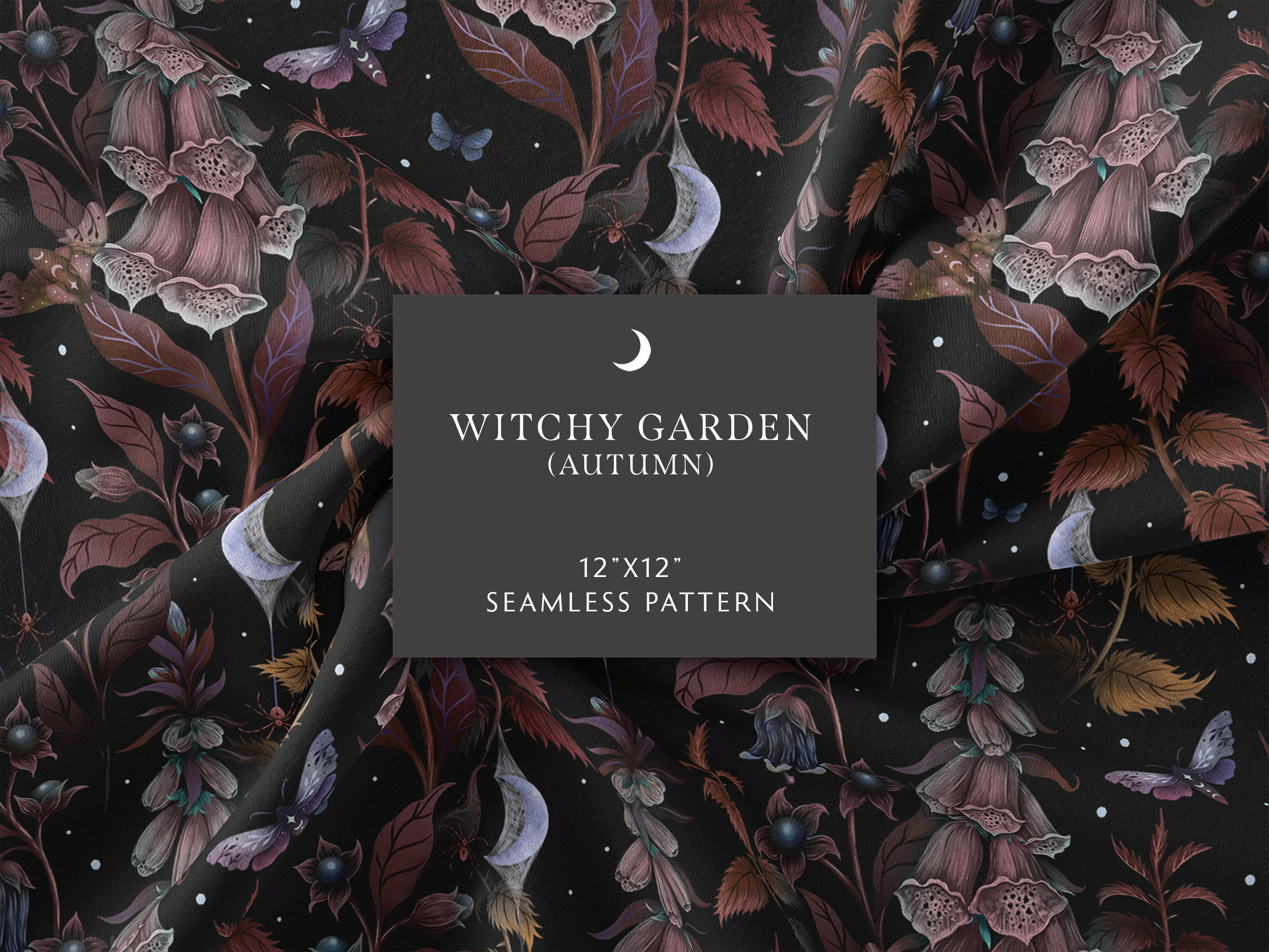 Seamless Pattern, Witchy Garden Digital Paper, Floral Moth Paper, Magical Surface Design, Poisonous Plants Pattern, Wicca, Digital Download