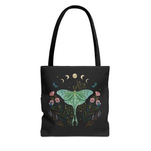 Luna Moth Canvas Tote Bag, Original Illustration, Luna anf Forester, Wiccan bag, Floral Tote bag, Witchy, Wicca, Moon Phases