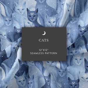 Naadloos patroon, katten digitaal papier, Witchy Cat-patroon, Boho Surface Design, papier mystieke dieren, cadeauverpakking, digitale download