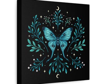 Mystical Blue Forest Butterfly botanical artwork Matte Canvas, magical forest spirit, witchy, spiritual, peaceful and calm, spooky