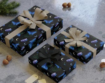 Blue Morpho Butterfly in magical night forest Pattern Wrapping Paper Roll | Dark Floral Gift Wrap, tropical forest, spiritual, witchy
