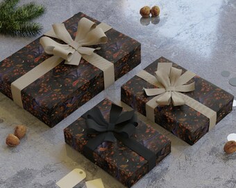 Dark Autumn Bats in magical forest Pattern Gift Wrapping Paper Roll | Botanical Vine Print, spooky, spiritual, holiday and halloween