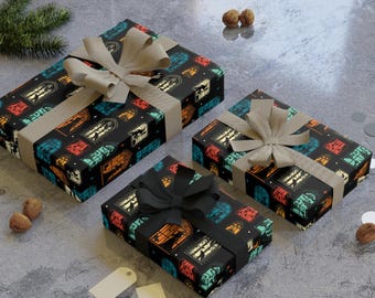 Spooky halloween night Gothic Window Pattern Gift Wrapping Paper Roll | Retro Tile Wrap, witchy, dark, funny