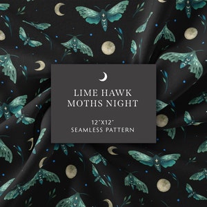 Seamless Pattern, Lime Hawk Moths Night Digital Paper Boho Surface Design, Magical Crescent Moon Wicca Scrapbook Paper, Digital Download