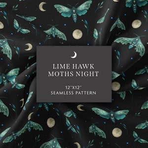 Naadloos patroon, Lime Hawk Moths Night digitaal papier Boho Surface Design, magische wassende maan Wicca plakboekpapier, digitale download