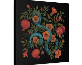 Magical Night of Snake and Pomegranates Matte Canvas, mystical night creature, spooky, dark art, night blooming, gothic, beautiful nature