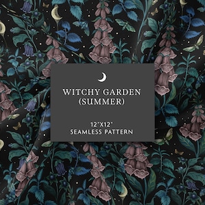 Patrón sin costuras, papel digital de jardín de brujas (verano), papel de polilla floral, diseño de superficie mágica, patrón de plantas venenosas, Wicca