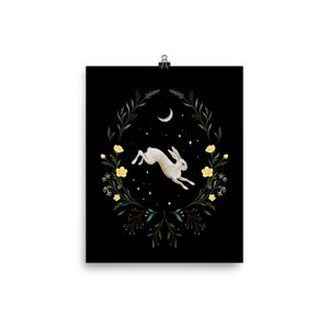 Giclée Print Poster Easter Bunny Night Art Print Original Illustration Boho Wall Decor Handmade Celestial Moon Magical Spring Flowers