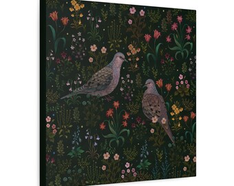 Magical Forest Doves in flower garden Matte Canvas, forest spirit, peaceful and calm, magical nature creatures