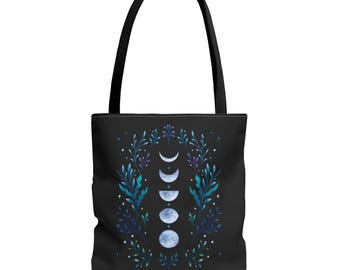 Moon Phases Crescent and Full Moon Tote Bag | Night Botanical Pattern