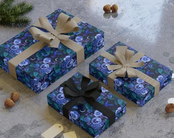 Blue Violet Floral Pattern Gift Wrapping Paper Roll | Magical forest spirit Bouquet Wrap