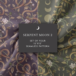 Conjunto de quatro padrões sem costura, papel digital Serpent Moon, Magical Wicca, design de superfície, padrão de cobra lunar, embrulho de presente, download digital