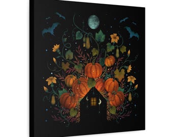 Magical Night Pumpkin House Matte Canvas, Magical halloween night, spooky, winter holiday, witchy, whimsical