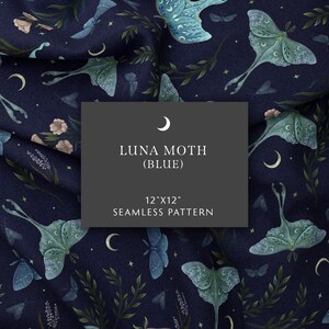Seamless Pattern, Luna Moth (Blue) Digital Paper, Moth Pattern, BOHO Surface Design, Magical Wicca Scrapbook Paper, Fabric, Digital Download