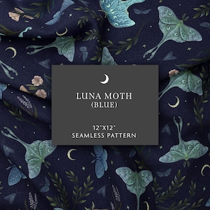 Seamless Pattern, Luna Moth (Blue) Digital Paper, Moth Pattern, BOHO Surface Design, Magical Wicca Scrapbook Paper, Fabric, Digital Download