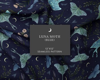 Seamless Pattern, Luna Moth (Blue) Digital Paper, Moth Pattern, BOHO Surface Design, Magical Wicca Scrapbook Paper, Fabric, Digital Download