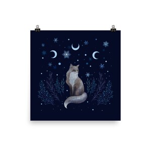 Giclée Print Poster, Winter Fox Art Print Original Illustration Boho Wall Decor Handmade Celestial Moon Phases Magical Forest Animal Wicca