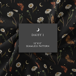 Puede incluir: Un patrón sin costuras con margaritas blancas, mariposas marrones y lunas crecientes sobre un fondo negro. El texto "DAISY 1 12"x12" SEAMLESS PATTERN" se muestra en un rectángulo gris.